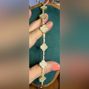 Gold AAA CZ Clover Link Bracelet 7.5”